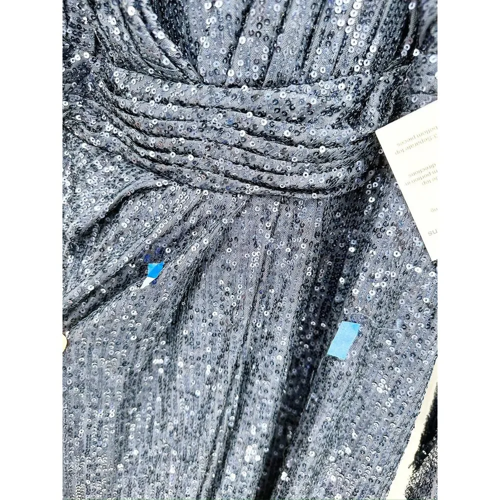 Mac Duggal‎ 26490 Midnight Blue Sequined Long Sleeve V-Neck Cocktail Gown